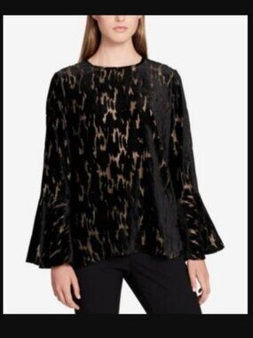 ✨ NWT Calvin Klein Black & Gold Metallic Flocked Bell Sleeve Top — Size Small ✨
